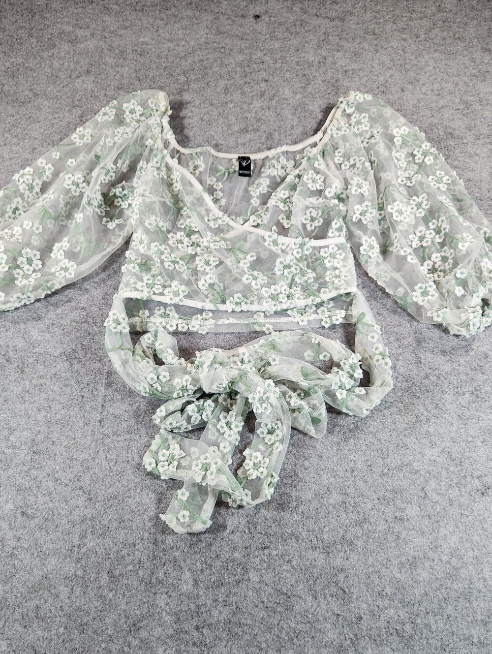 Windsor Pale Green White Floral Sheer Tie Around Fairy Whimsical Crop Top Small